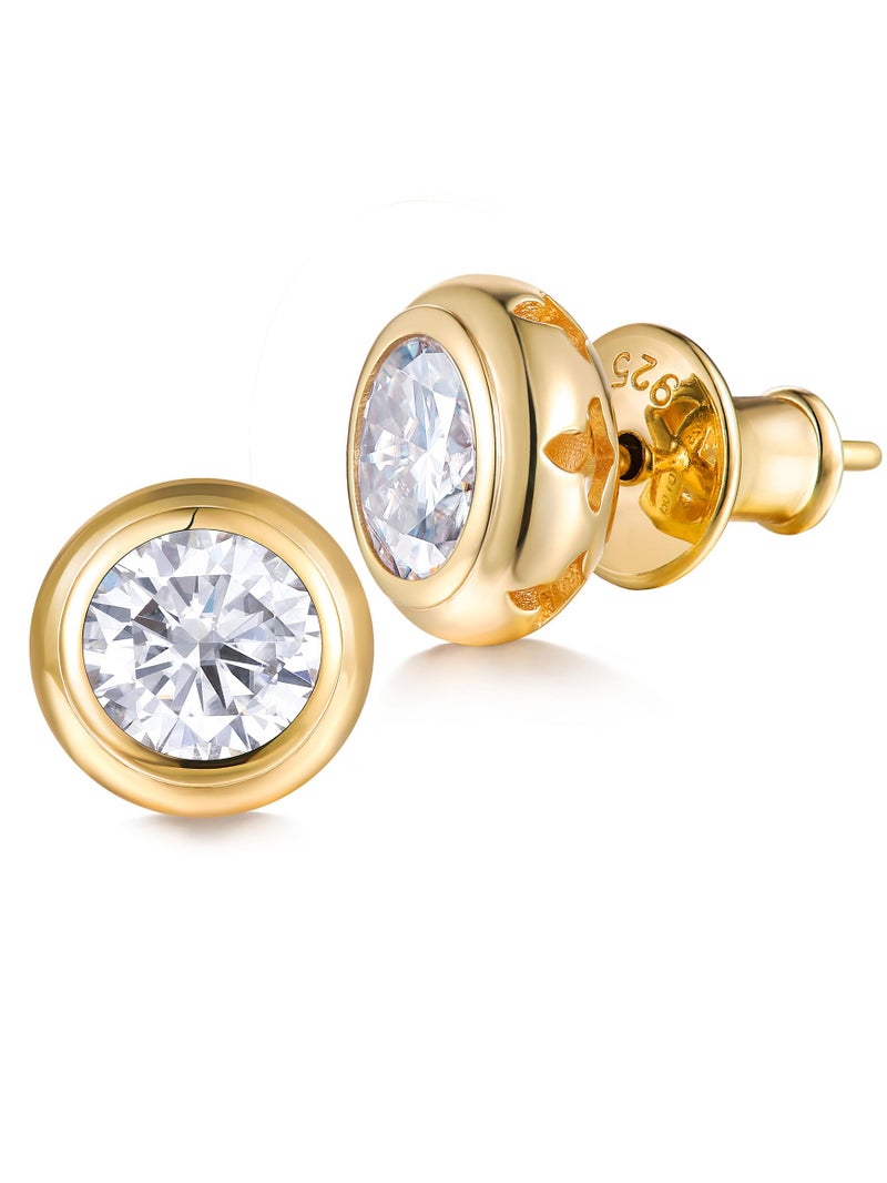 FWM Gold Plated Simple Round Moissanite Stud Earrings for Women Comfy Bezel 925 Sterling Silver Earrings - Image 1