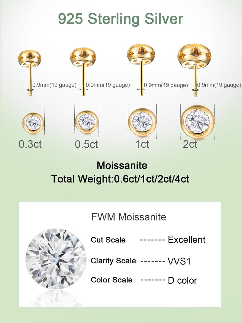 FWM Gold Plated Simple Round Moissanite Stud Earrings for Women Comfy Bezel 925 Sterling Silver Earrings - Image 5