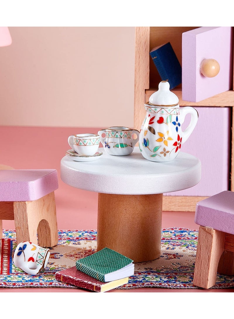 Excefore مجموعة أكواب شاي خزفية صغيرة مجموعة ملحقات مطبخ بيت الدمى ملحقات حفلة صغيرة إبريق شاي للأطفال نمط زهور إبريق شاي أكواب أطباق 15 قطعة - Image 4