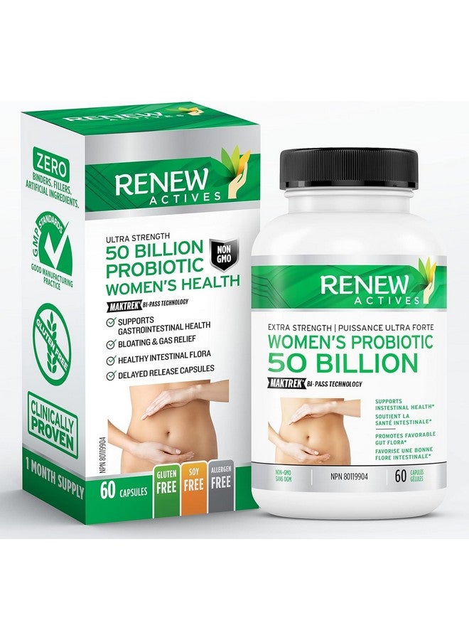 Renew Actives 50 Billion Probiotics for Women - MAKTREK Bi-Pass Technology, 5 Probiotic Strains & Prebiotic Blend - Supports Digestive Health & Gut Flora Balance - 60 Capsules