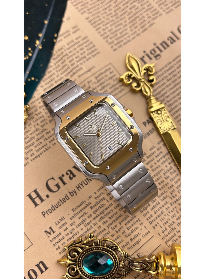 ديفوشي ساعة ديفوشي رجالية فاخرة – تصميم مربع فضي وذهبي – مقاومة للماء مع ضمان سنتين - Image 4