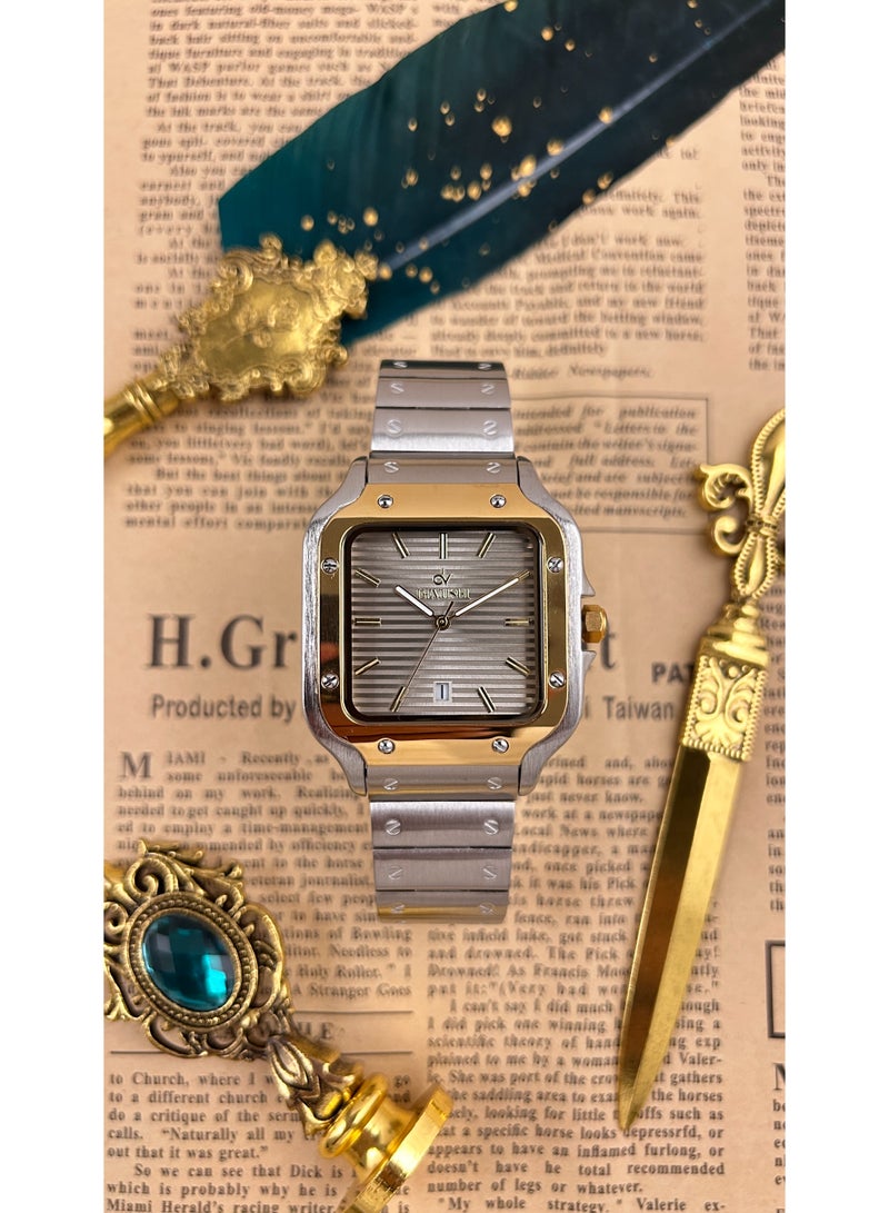 ديفوشي ساعة ديفوشي رجالية فاخرة – تصميم مربع فضي وذهبي – مقاومة للماء مع ضمان سنتين - Image 2