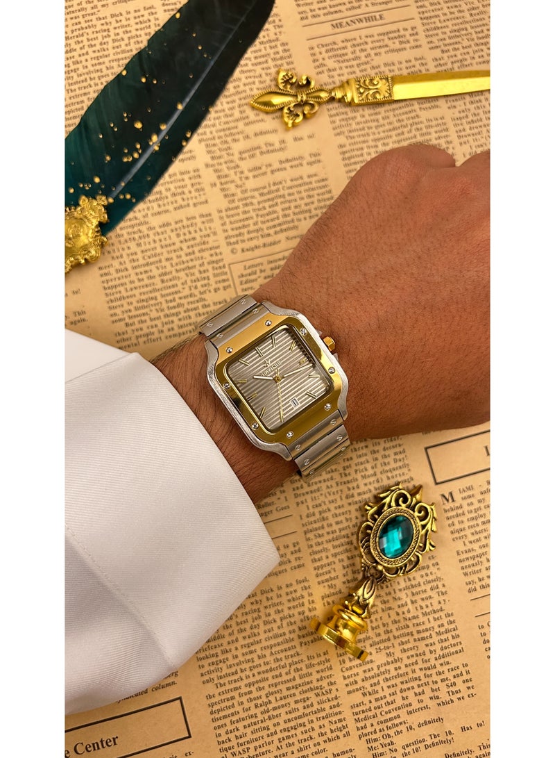 ديفوشي ساعة ديفوشي رجالية فاخرة – تصميم مربع فضي وذهبي – مقاومة للماء مع ضمان سنتين - Image 1