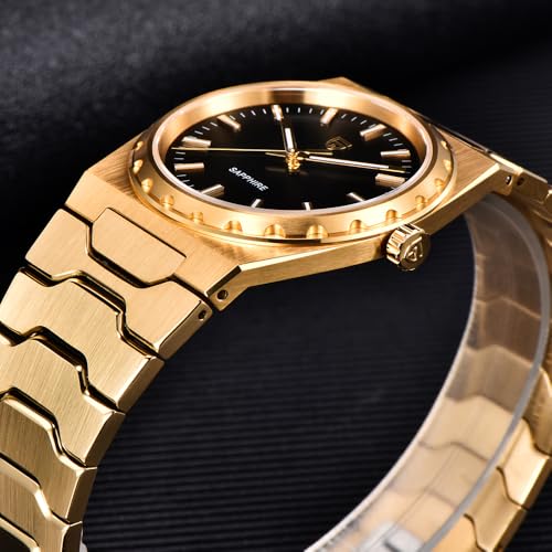 PAGRNE DESIGN Pagani Design Watches for Men 37MM Ultra Thin Minimalist Men's Quartz Watches, Sapphire Glass Stainless Steel Wristwatch, 100M Waterproof Luminous Japan VJ21 Movement (Gold Black) - Image 4