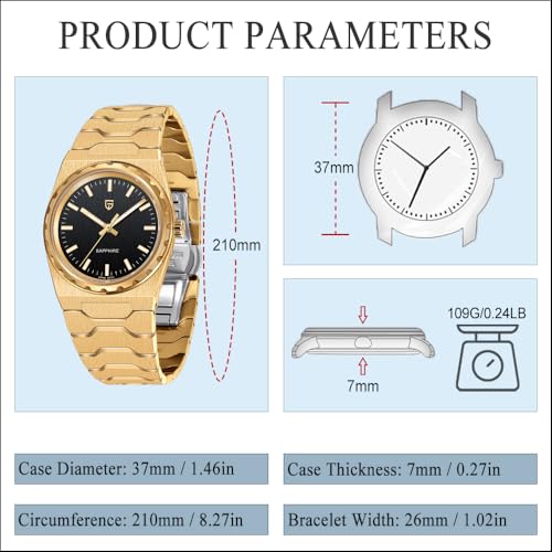 PAGRNE DESIGN Pagani Design Watches for Men 37MM Ultra Thin Minimalist Men's Quartz Watches, Sapphire Glass Stainless Steel Wristwatch, 100M Waterproof Luminous Japan VJ21 Movement (Gold Black) - Image 3