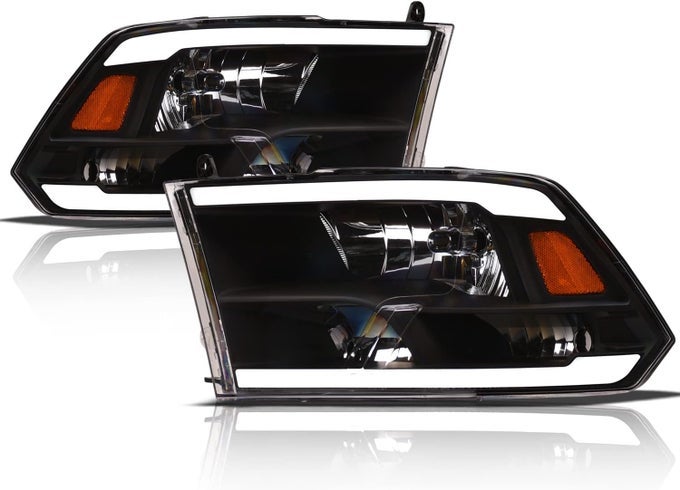 8711880 Crystal Headlights With White Led Light Bar - Black Amber For Dodge Ram 1500/2500/3500 (2009-2018) & Classic (2019-2023)