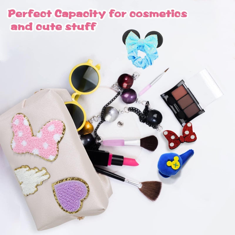 Dripykiaa Preppy Patch Small Toiletry Bag Cartoon Leather Makeup Bag with Double Zipper Gift for Women and Teenage Girls for Disney World Essentials - Image 4