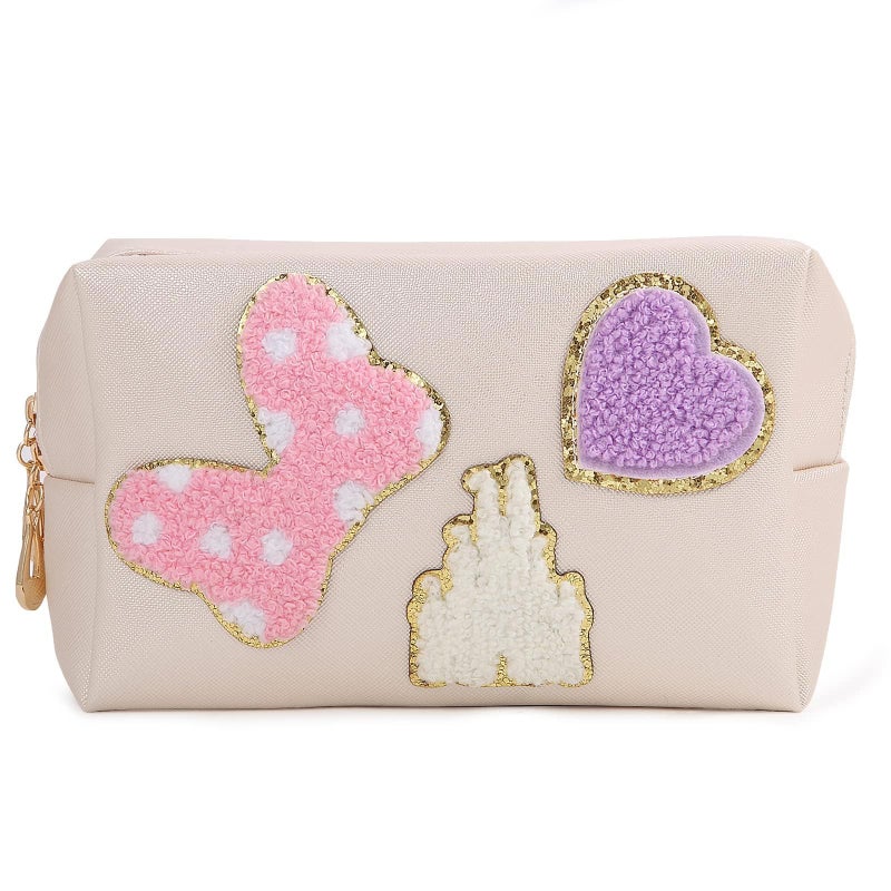 Dripykiaa Preppy Patch Small Toiletry Bag Cartoon Leather Makeup Bag with Double Zipper Gift for Women and Teenage Girls for Disney World Essentials - Image 1