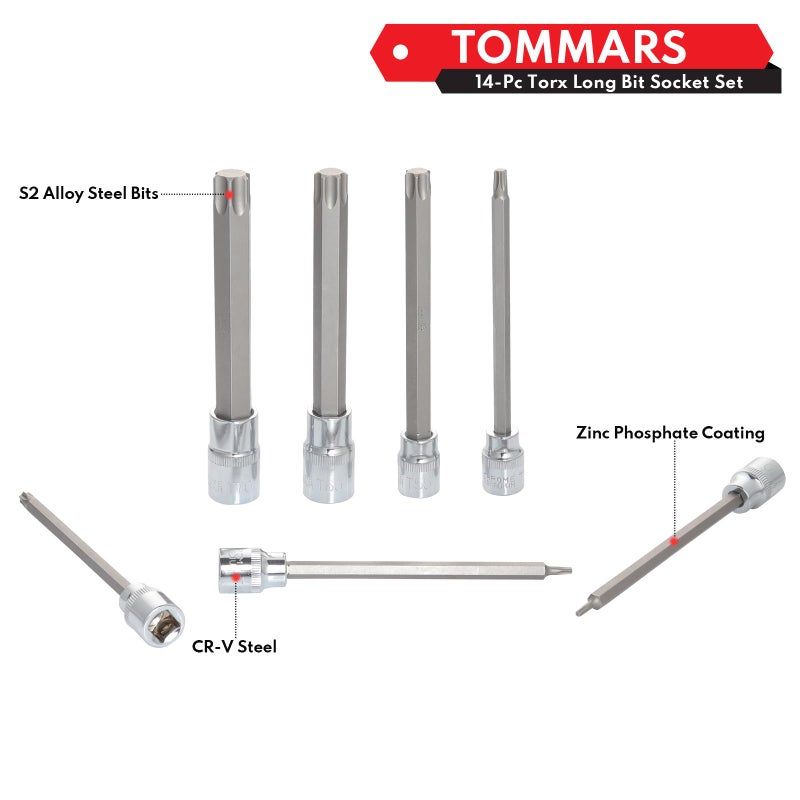 Tommars 14-Pc Long Torx Bit Socket Set  S2 Alloy Steel Star Socket Set T10-T70 - Image 4