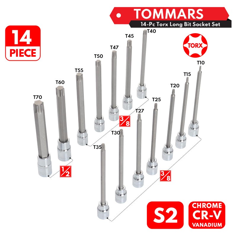 Tommars 14-Pc Long Torx Bit Socket Set  S2 Alloy Steel Star Socket Set T10-T70 - Image 3