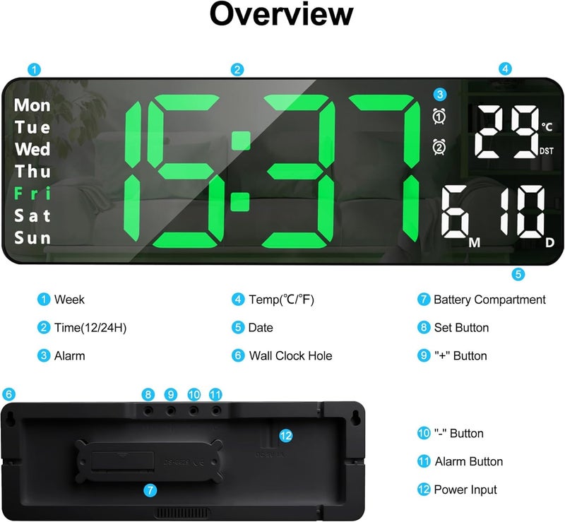 BluBasket 1 Pc Silent Digital Wall Clock Large Display 162 Inch with Date Week Temperature LED Clock with Remote Control for Living Room Decor Office Kitchen Automatic Countdown Green - Image 4