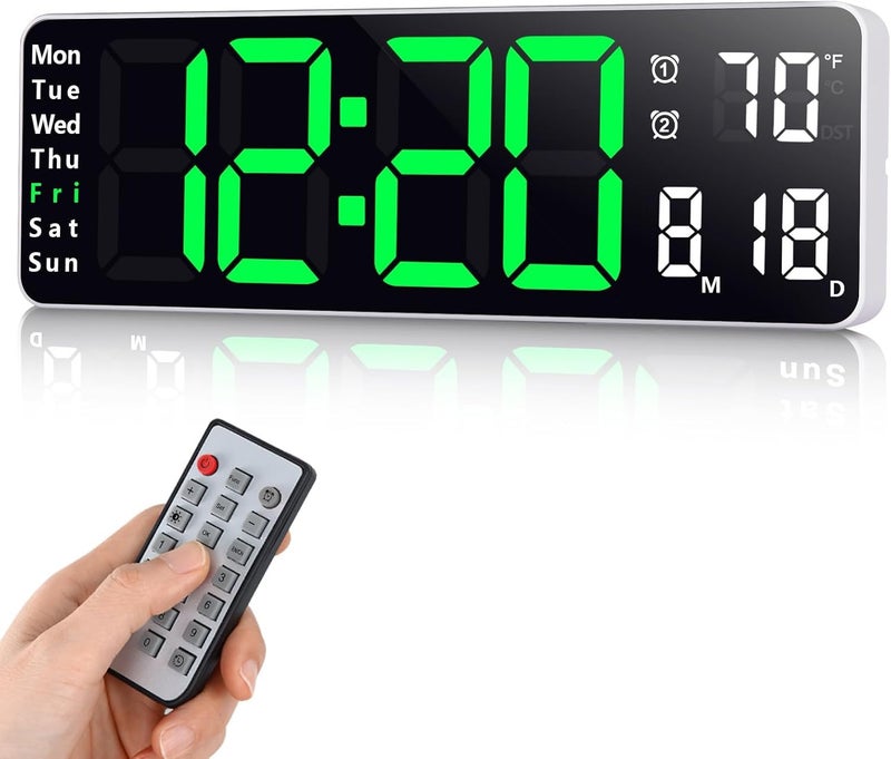 BluBasket 1 Pc Silent Digital Wall Clock Large Display 162 Inch with Date Week Temperature LED Clock with Remote Control for Living Room Decor Office Kitchen Automatic Countdown Green - Image 1