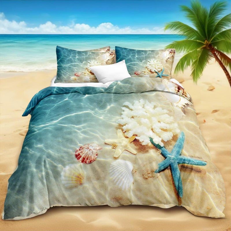 Bedbay Bedbay Beach Bedding Comforter CoverCoastal Bedding Set QueenTeen Girls Boys Starfish Beach Decor 3 Pieces Microfiber Quilt CoverBeach Themed Bedding Set for Summer TurquoiseQueen 