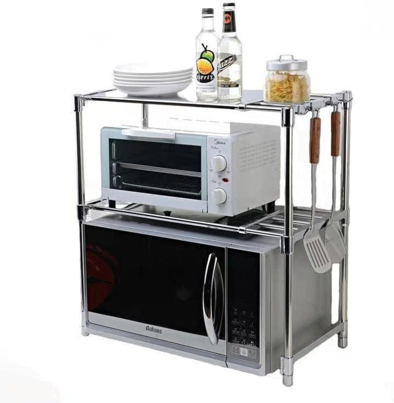 Double metal rack placed above the microwave oven, with 2 shelves for organization and storage, suitable for the kitchen, stainless steel, silver x white AH175 - Image 1