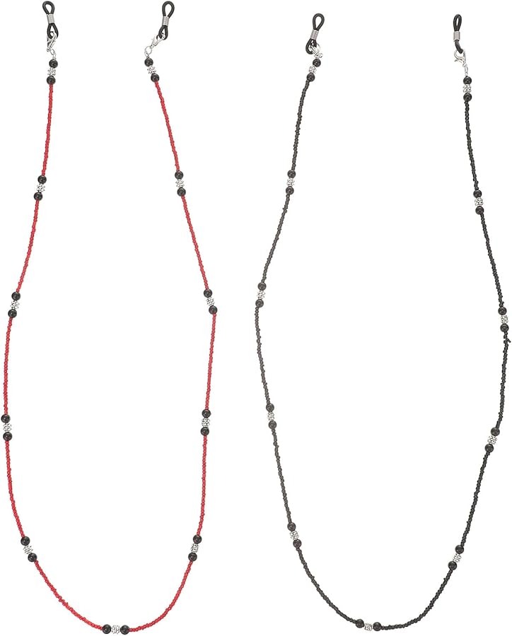 2 Pcs Women Eyeglasses Chain Holder Beaded Anti Slip Reading Glasses Strap Red Black - Image 1