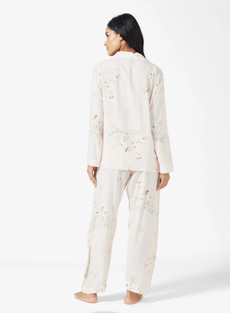 Ginger Floral Printed Button Down Shirt & Pyjama Set