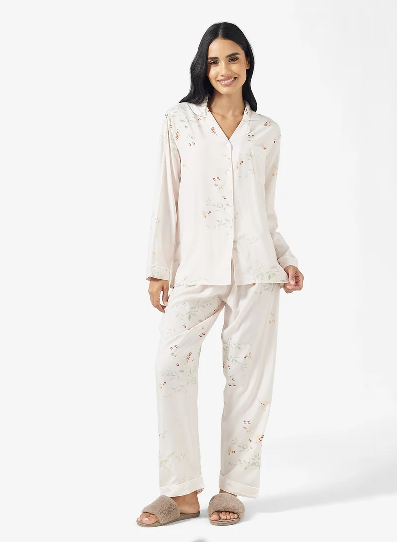 Ginger Floral Printed Button Down Shirt & Pyjama Set