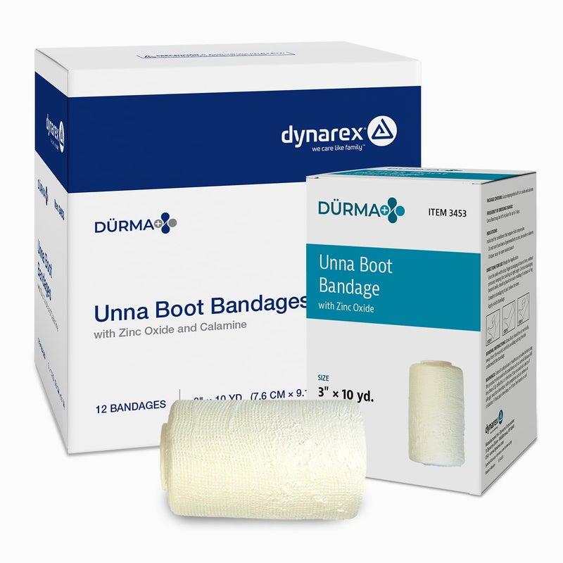 Dynarex 3453 Unna Boot Bandage, Individually Packaged, Provides Customized Compression, With Zinc Oxide, Soft Cast, 3" x 10 Yard, Pack of 12 - Image 1