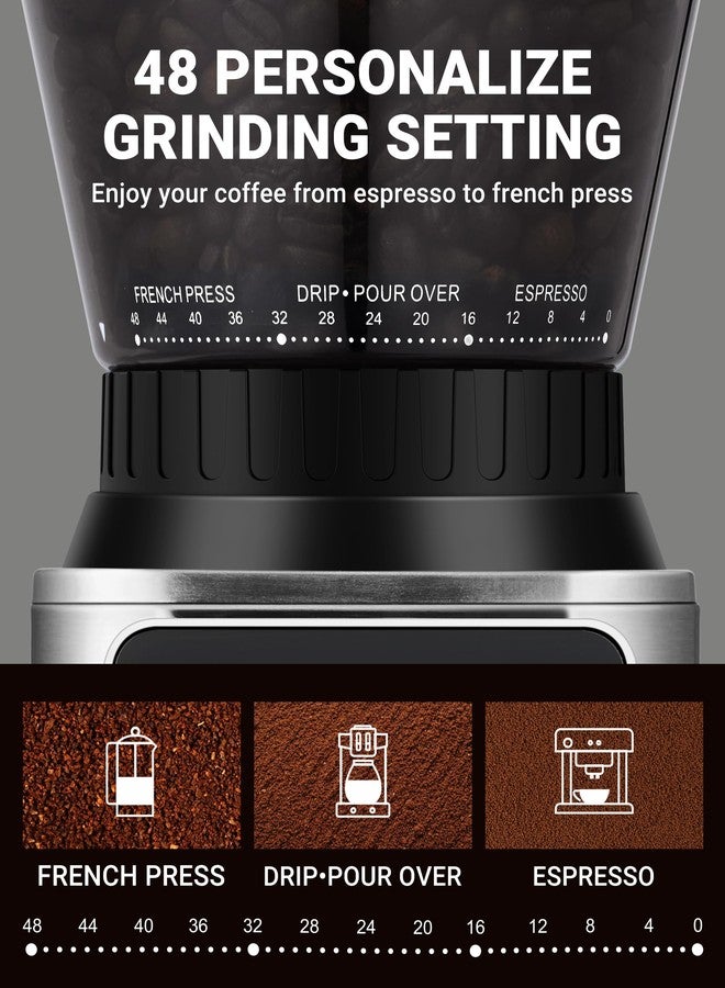 AMZCHEF Coffee Grinder, Coffee Bean Grinder for Home Use with Precise Grinding, LED Control Panel, Detachable Funnel Stand, Anti-static Design, 48 Grind Settings, Silver - Image 4