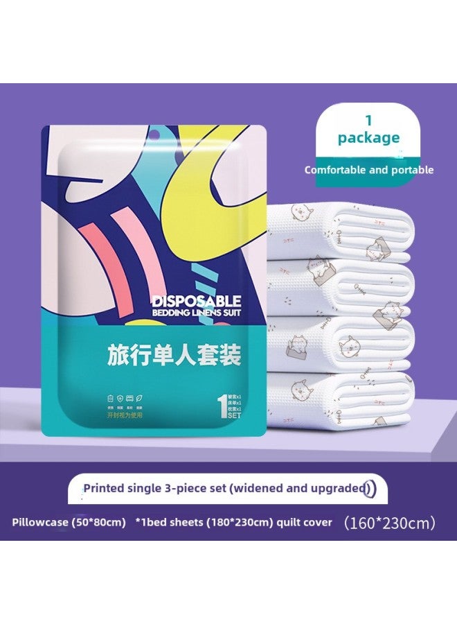 Travel Disposable Sleeping Bag Summer Single Double Hotel Dirty Bed Sheet Portable Quilt Cover Travel Cotton Quilt Cover-Color:Meng Xiao Mao Printed Three-piece Set 160*230cm - Image 1