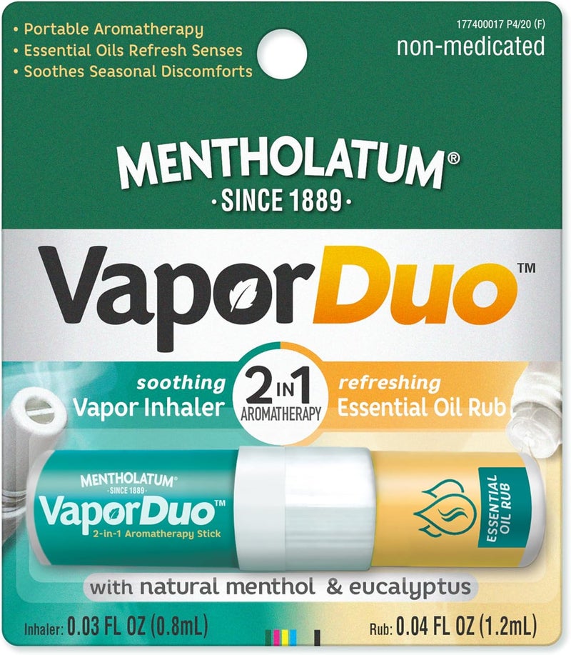 Mentholatum Vapor Duo, Non-Medicated Nasal Vapor Inhaler, Essential Oil Rub, 2-in-1 Aromatherapy Stick Soothes Irritated Nasal Passages Due to Colds & Seasonal Irritants, Natural Menthol & Eucalyptus