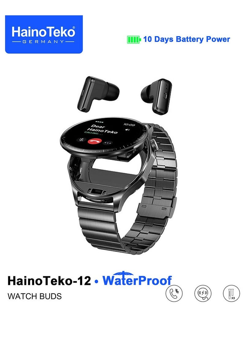 Haino Teko HainoTeko-12 Waterproof Smartwatch With Builtin Wireless Earbuds Large Screen AMOLED Display 3 Pair Straps and Charging Cable Designed for Men Black