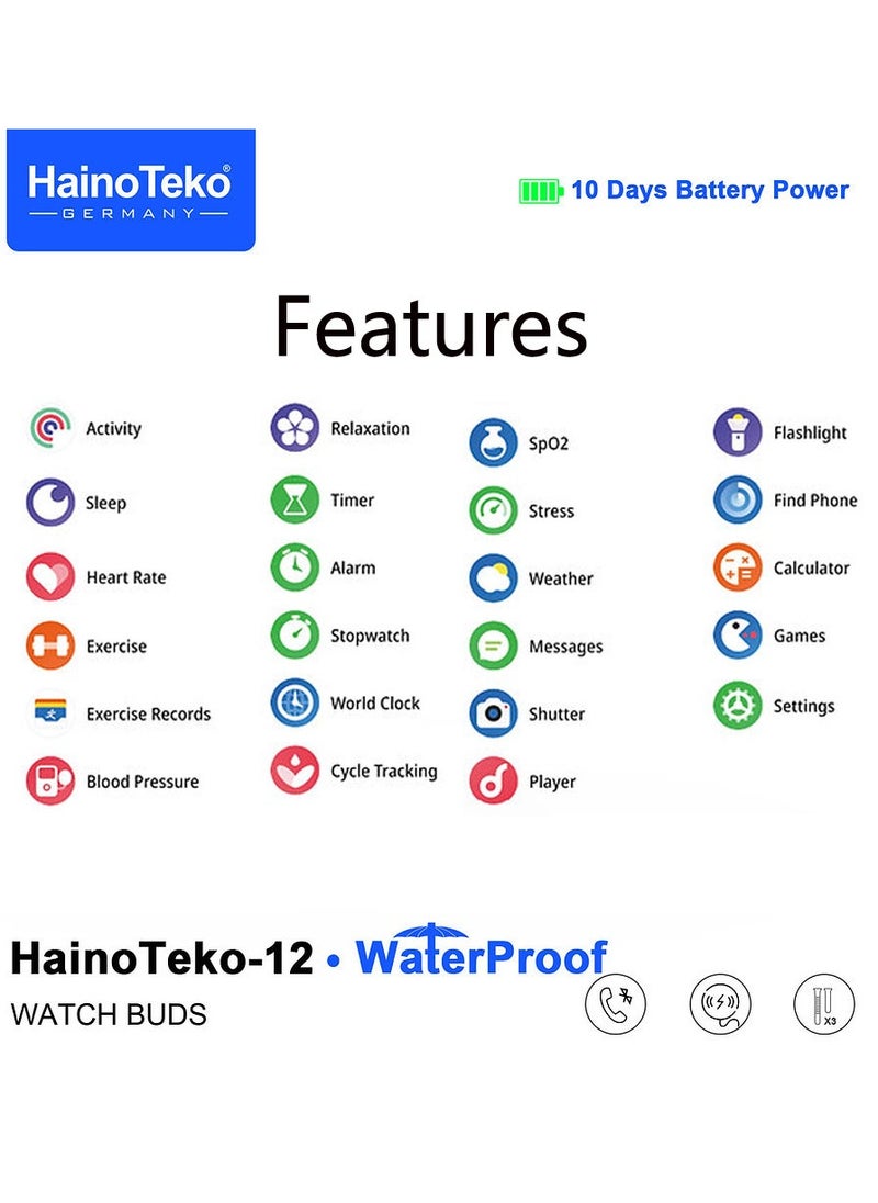 HainoTeko-12 Waterproof Smartwatch With Builtin Wireless Earbuds Large Screen AMOLED Display 3 Pair Straps and Charging Cable Designed for Men Black