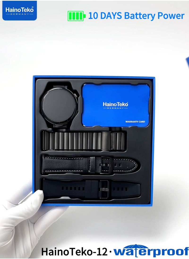 HainoTeko-12 Waterproof Smartwatch With Builtin Wireless Earbuds Large Screen AMOLED Display 3 Pair Straps and Charging Cable Designed for Men Black