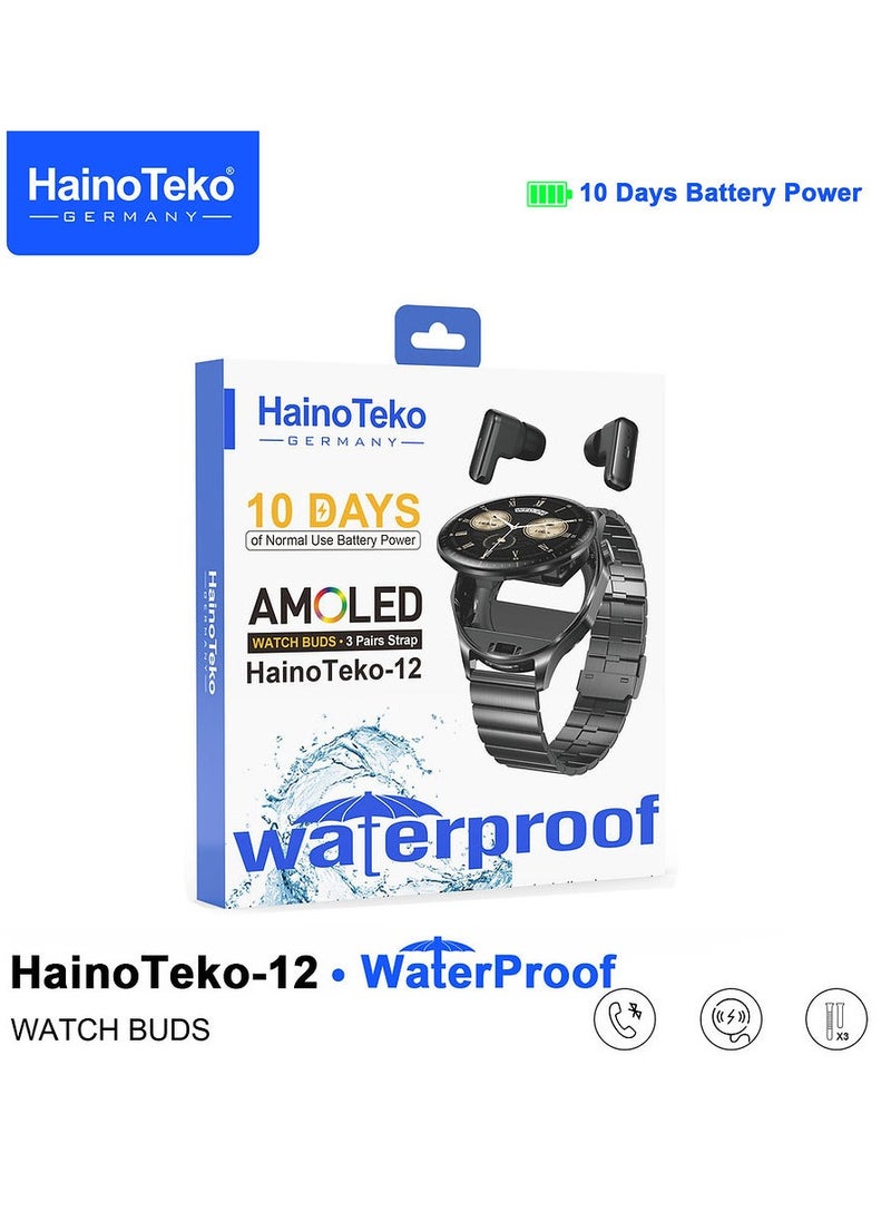 HainoTeko-12 Waterproof Smartwatch With Builtin Wireless Earbuds Large Screen AMOLED Display 3 Pair Straps and Charging Cable Designed for Men Black