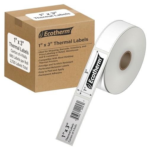 Ecotherm 2.25" x .75" Thermal Labels | 4 Rolls | 7120 Labels | fits Zebra, Munbyn, Rollo, Godex, Arkscan, iDPRT, Offnova Thermal Label Printers and More | Blank White Adhesive Stickers by Ecotherm - Image 1