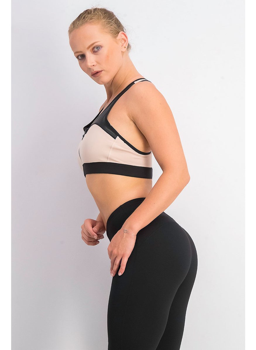 Reebok Women Zip Colorblock Padded Sport Bra, Black and Beige  - Image 2