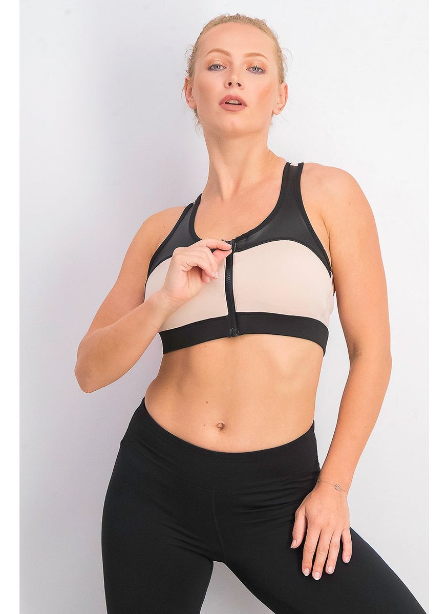 Reebok Women Zip Colorblock Padded Sport Bra, Black and Beige  - Image 1