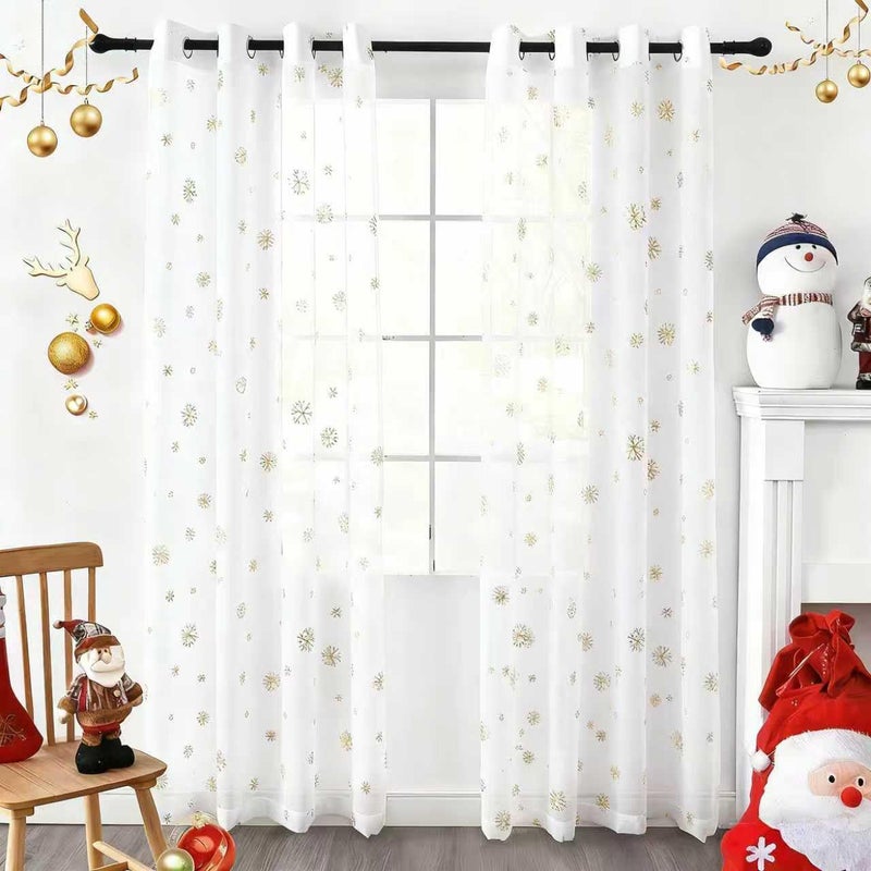 youleyar Snowflake Christmas Sheer Curtains Luxury Gold Foil Print Voile Metallic Bronzing Treatment Pair for Holiday Window Decoration Living Room Set of 2 Panels White 52x84 inch - Image 2