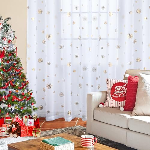 youleyar Snowflake Christmas Sheer Curtains Luxury Gold Foil Print Voile Metallic Bronzing Treatment Pair for Holiday Window Decoration Living Room Set of 2 Panels White 52x84 inch - Image 3