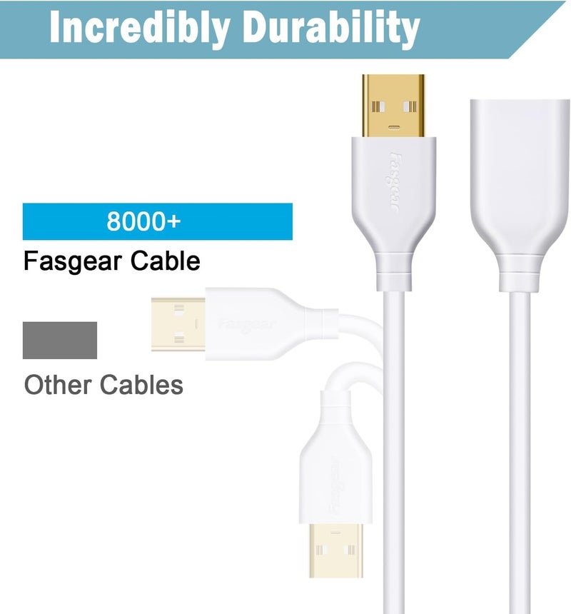 فاسجير كابل تمديد USB 2.0 من Fesgear، عبوة مزدوجة 6 قدم كابل تمديد USB 2.0 من النوع A ذكر إلى أنثى، ممدد نقل البيانات مع موصل مطلي بالذهب لمحرك أقراص USB، القرص الصلب، الماوس، الطابعة (أبيض) - Image 2