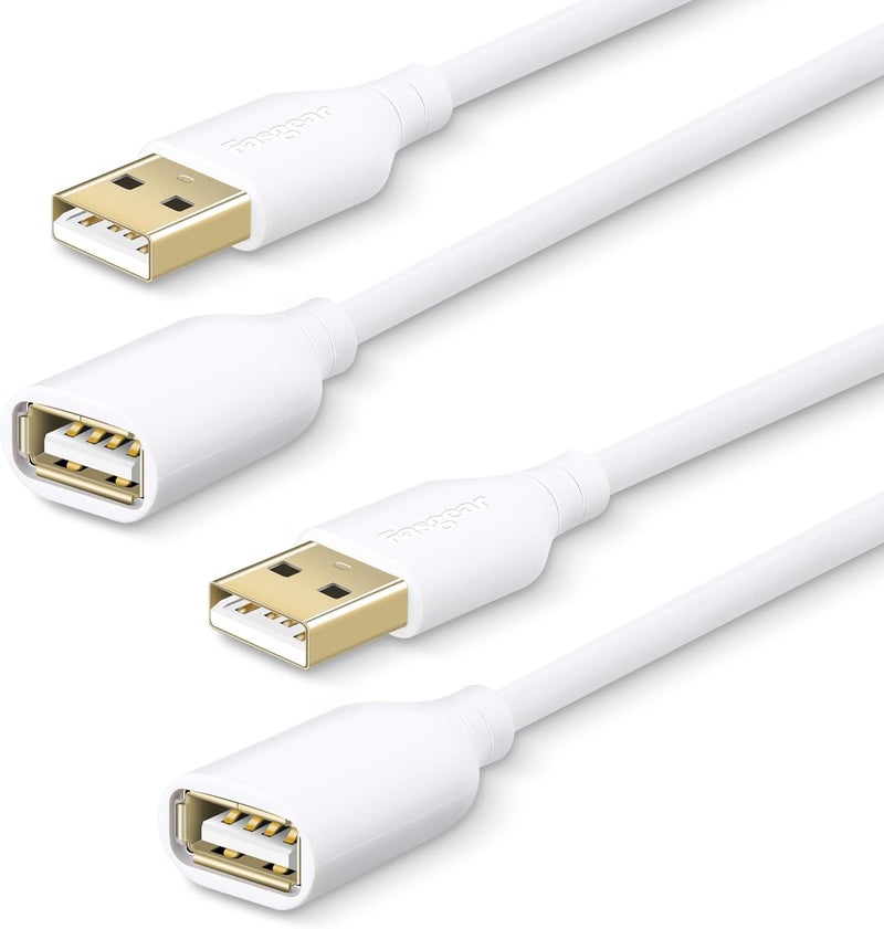 فاسجير كابل تمديد USB 2.0 من Fesgear، عبوة مزدوجة 6 قدم كابل تمديد USB 2.0 من النوع A ذكر إلى أنثى، ممدد نقل البيانات مع موصل مطلي بالذهب لمحرك أقراص USB، القرص الصلب، الماوس، الطابعة (أبيض) - Image 1