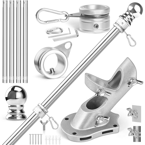 Anovo Flag Pole Kit Upgraded Holder Stainless Steel 5 FT Flag Poles with1 Inch Metal 360 Rotating Flag Pole Rings TwoPosition Flag Pole Bracket Mounting for Outside House Porch 5 FTSliver - Image 1