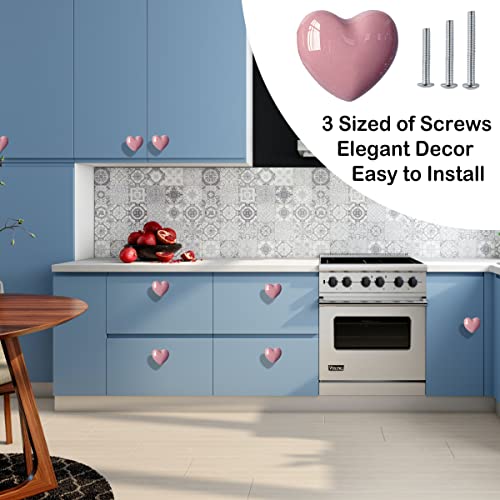Perphin Ceramic Drawer Knobs Heart Shape Cabinet Dresser Pulls Handles with 3 Sized Screws, Kitchen Furniture Knobs for Closet Cupboard Wardrobe (20, Pink) - Image 2