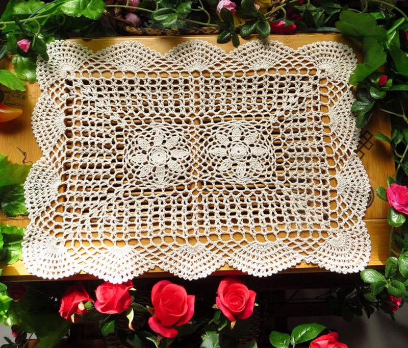 Laivigo New Handmade Crochet Cotton Lace Rectangular Table Cloth Doilies Doily2PCS12x19 InchBeige - Image 2
