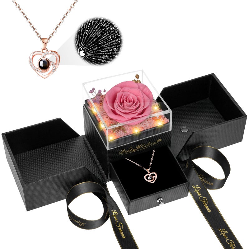 GOMALL GOMALL Light Up Preserved Pink Rose Flower with NecklaceBirthday Gifts for WomenChristmas Rose Gifts for Her Mom Wife GrandmaReal Flower Mom Present for Women ChristmasAnniversaryValentines 
