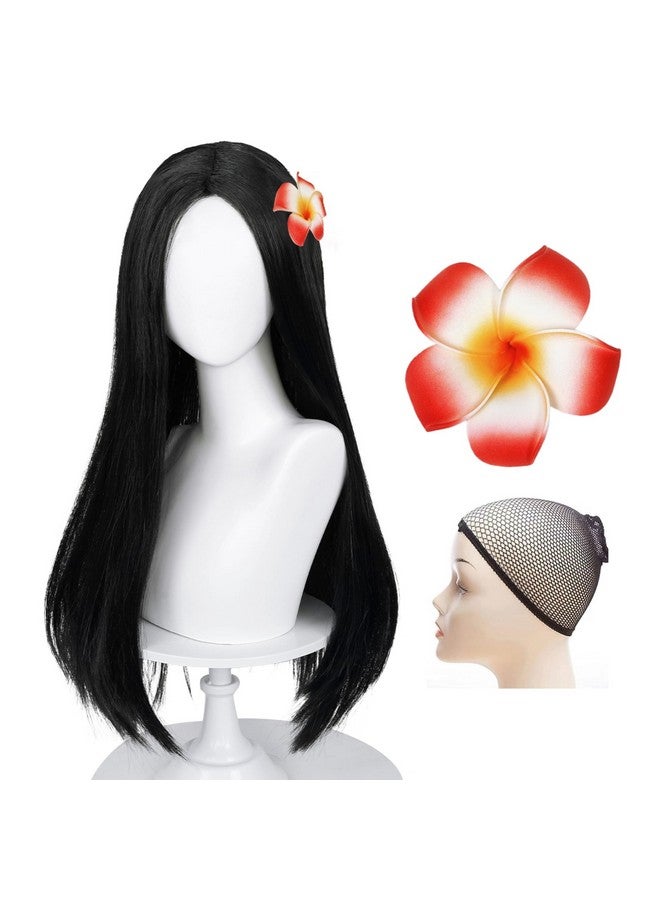 Half and Half Long Straight Black Kids Wig With Flower Hair Clip Wigs For Girls Kids Toddler Cosplay With Wig Cap For Halloween Party Daily - Image 1