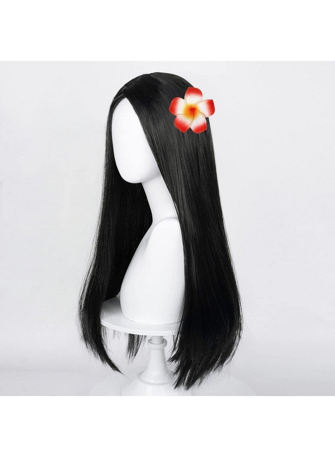 Half and Half Long Straight Black Kids Wig With Flower Hair Clip Wigs For Girls Kids Toddler Cosplay With Wig Cap For Halloween Party Daily - Image 5