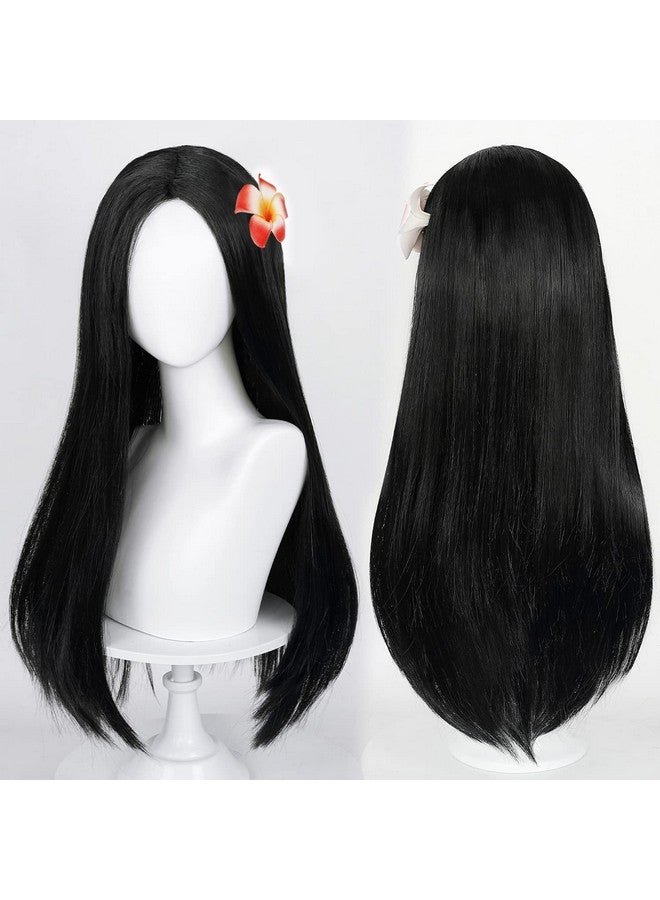 Half and Half Long Straight Black Kids Wig With Flower Hair Clip Wigs For Girls Kids Toddler Cosplay With Wig Cap For Halloween Party Daily - Image 3