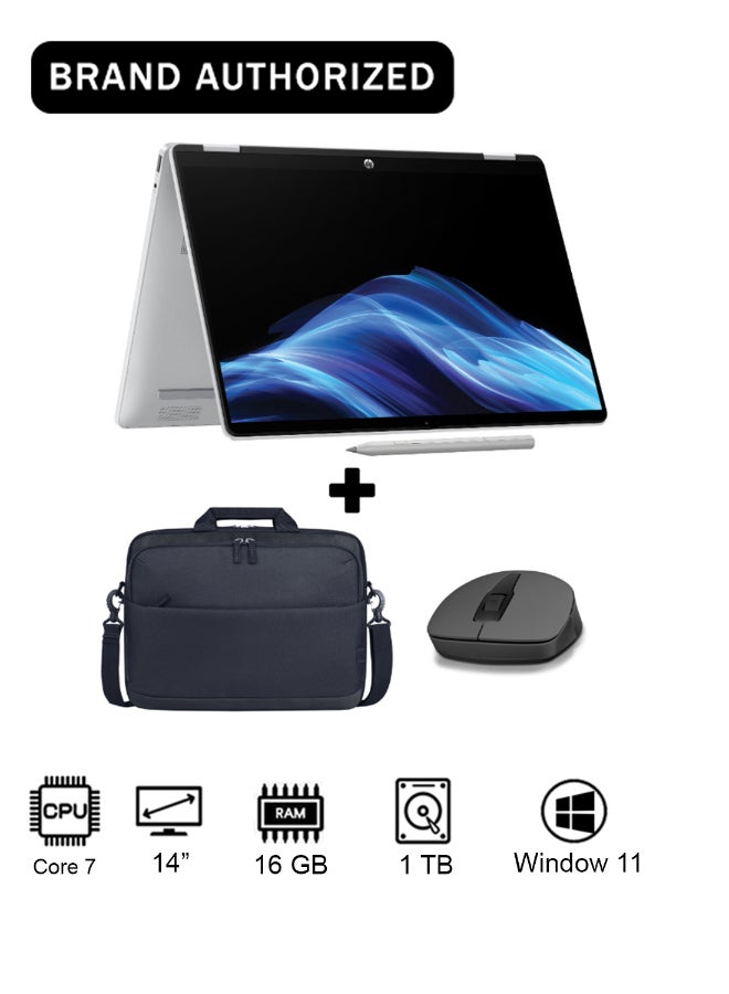 OmniBook 5 Flip 14-fp0019ne Laptop With 14-Inch 2K Display, Core 7 150U Processor/16GB RAM/1TB SSD/Intel Iris XE Graphics/Windows 11 With Backpack And Mouse Glacier Silver