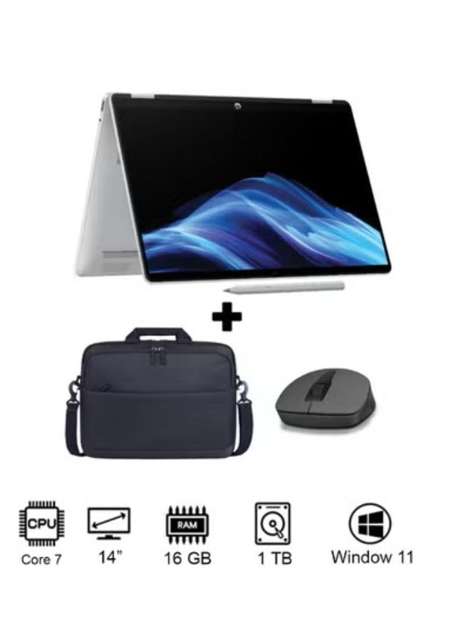 HP OmniBook 5 Flip 14-fp0019ne Laptop With 14-Inch 2K Display, Core 7 150U Processor/16GB RAM/1TB SSD/Intel Graphics/Windows 11 With Backpack And Mouse Glacier Silver - Image 1