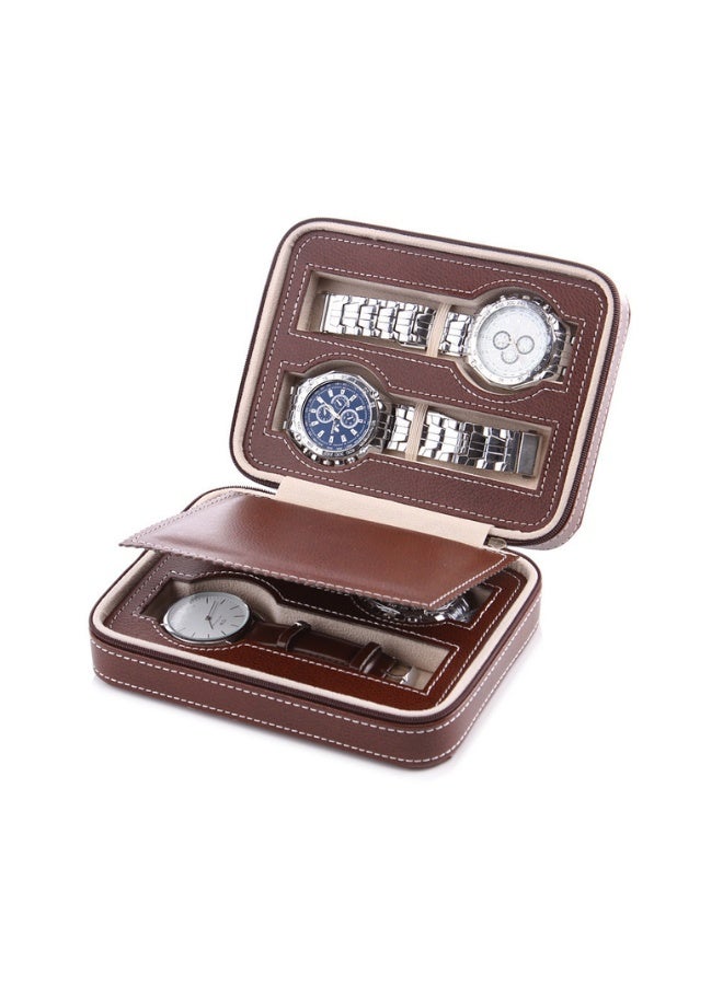 Premium Leather Watch Storage Case,Portable Zippered Watch Organizer(4-Slot), Sleek,Luxury,for Travel, Home, Outdoor Use - Image 1