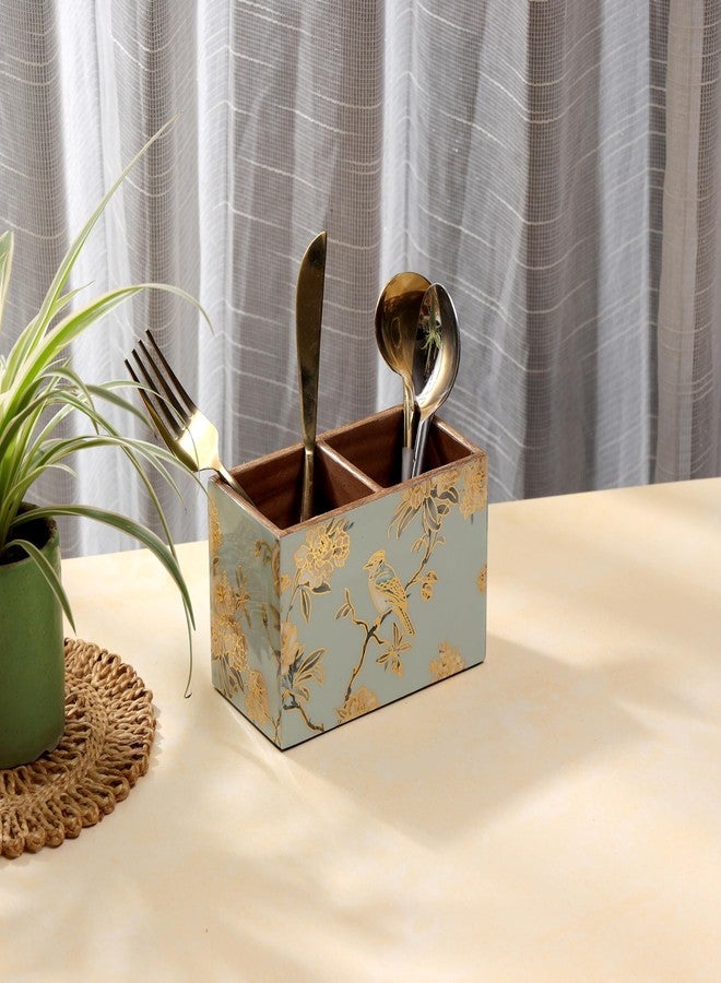 DULI Multipurpose Stand, Cutlery Holder, Spoon Stand, Table Organizer with 2 Sections, Chammach Stand (10cm x 15cm) (MCDPSDbl- AquaGoldBirds) - Image 3