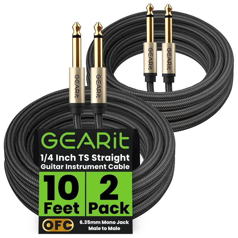 GearIT Guitar Instrument Cable (10ft 2-Pack) 1/4 Inch to 1/4 inch TS Straight Male to Male 6.35mm Mono Jack with Alloy Connector and Nylon Braid - Image 1