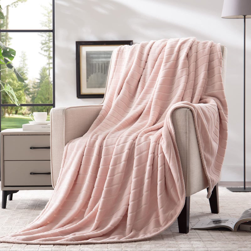 Bertte Plush Throw Super Soft Fuzzy Warm Blanket  330 GSM Lightweight Fluffy Cozy Luxury Decorative Stripe Blanket for Bed Couch  50x 60 Pink