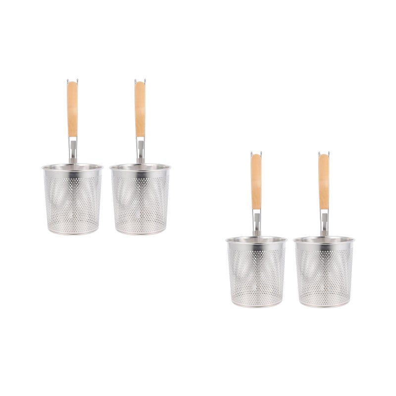 4 pcs Stainless Steel Drain Basket With Wood Handle Perforated Noodle Skimmer Deep Fry Basket Wire Mesh Frying Basket For Cooking Pasta Ramen Dumplings - Image 1